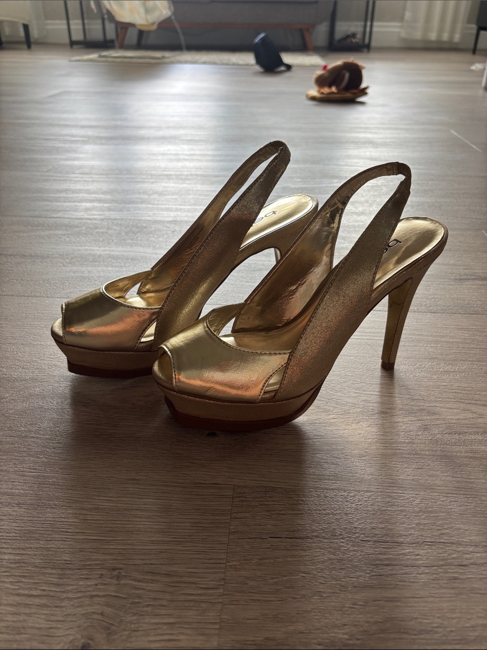 bebe Gold Peep-Toe Slingback Platform Stilettos